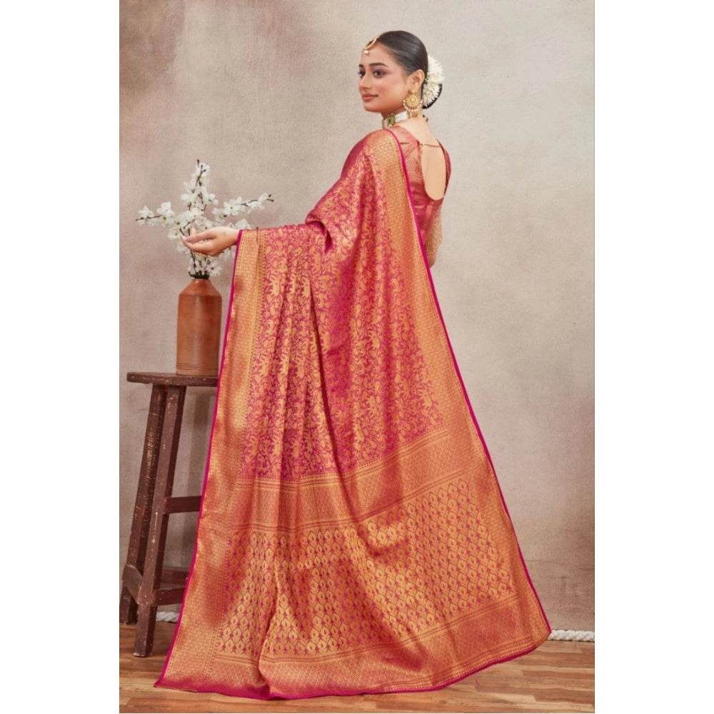 Generic Women's Silk Blend Floral Printed Saree With Unstitched Blouse 5.5Mtr (Pink) - MYLUXURY LANE ENTERPRISE