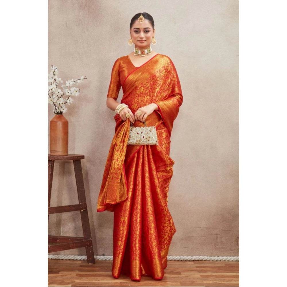 Generic Women's Silk Blend Floral Printed Saree With Unstitched Blouse 5.5Mtr (Red) - MYLUXURY LANE ENTERPRISE