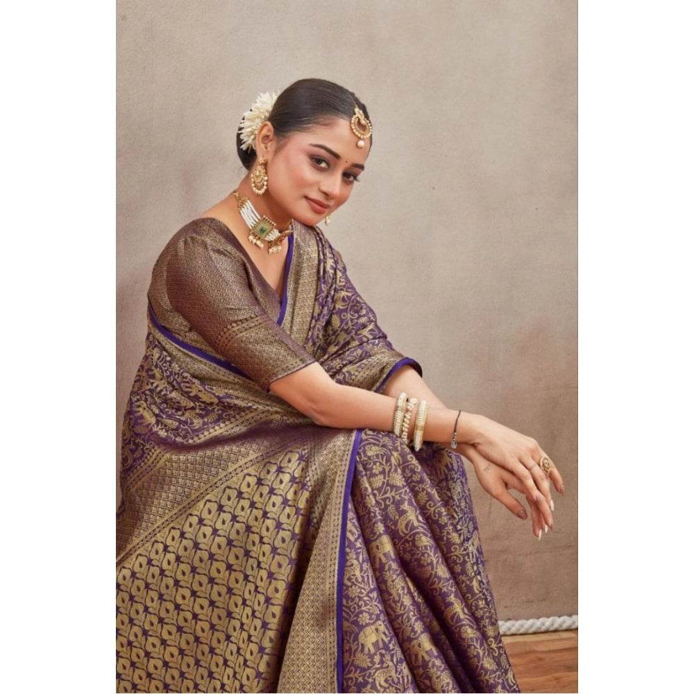 Generic Women's Silk Blend Floral Printed Saree With Unstitched Blouse 5.5Mtr (Navy Blue) - MYLUXURY LANE ENTERPRISE