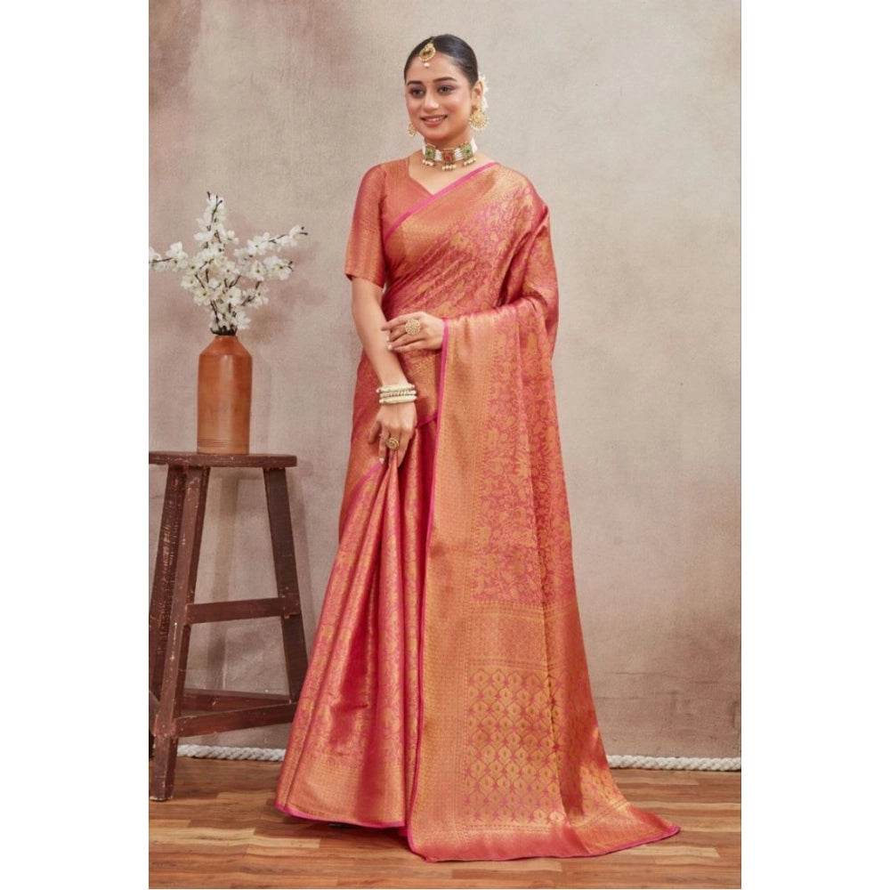 Generic Women's Silk Blend Floral Printed Saree With Unstitched Blouse 5.5Mtr (Peach) - MYLUXURY LANE ENTERPRISE