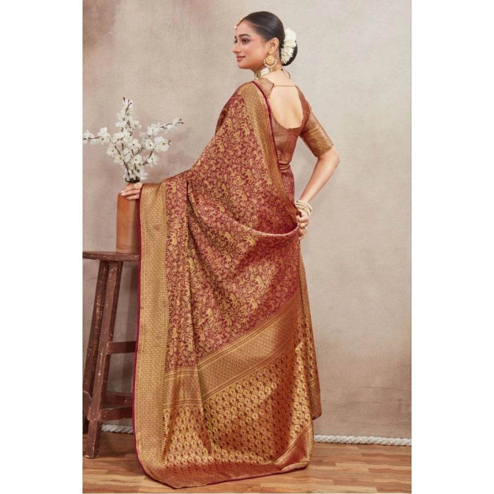 Generic Women's Silk Blend Floral Printed Saree With Unstitched Blouse 5.5Mtr (Brown) - MYLUXURY LANE ENTERPRISE