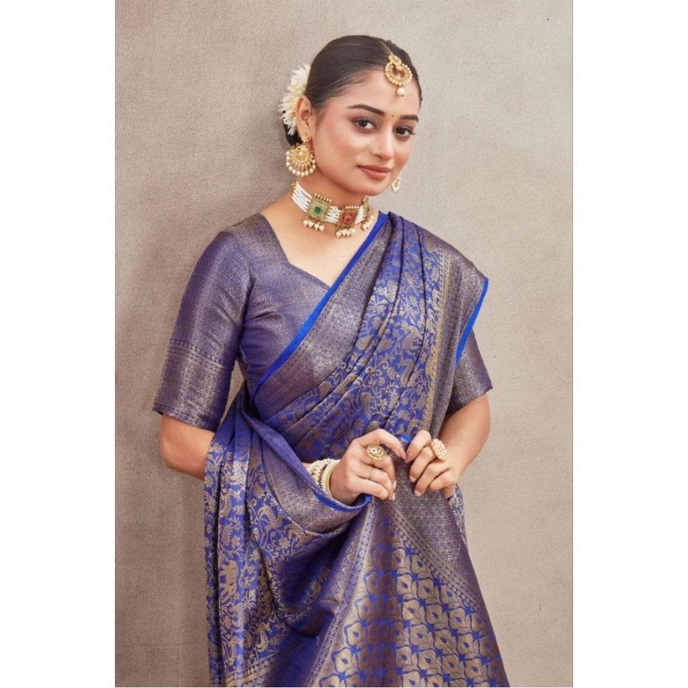 Generic Women's Silk Blend Floral Printed Saree With Unstitched Blouse 5.5Mtr (Royal Blue) - MYLUXURY LANE ENTERPRISE