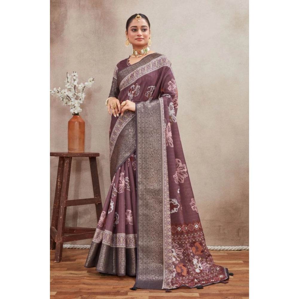 Generic Women's Crepe Silk Printed Saree With Unstitched Blouse 5.5Mtr (purple) - MYLUXURY LANE ENTERPRISE