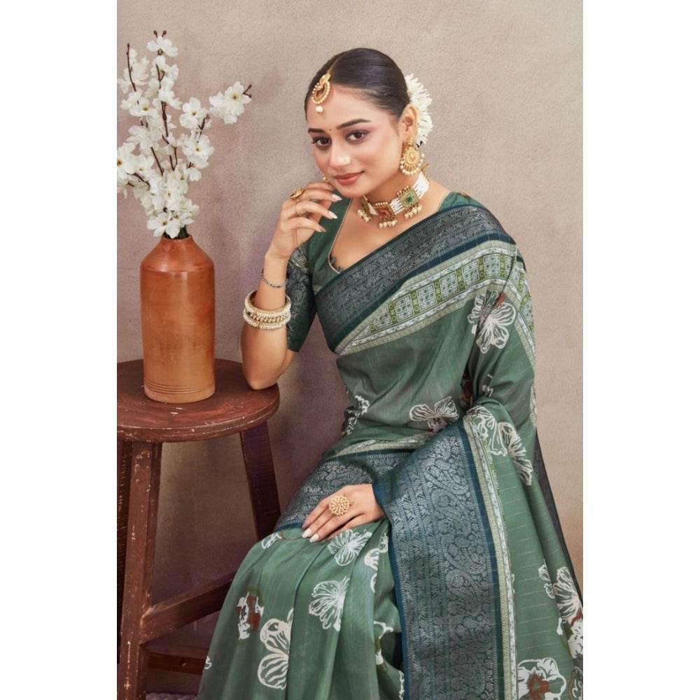 Generic Women's Crepe Silk Printed Saree With Unstitched Blouse 5.5Mtr (Green) - MYLUXURY LANE ENTERPRISE