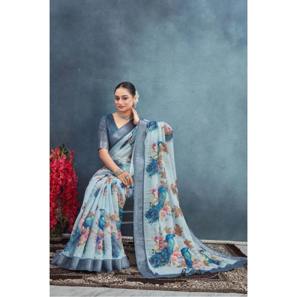 Generic Women's Linen Floral Printed Saree With Unstitched Blouse 5.5Mtr (Grey) - MYLUXURY LANE ENTERPRISE