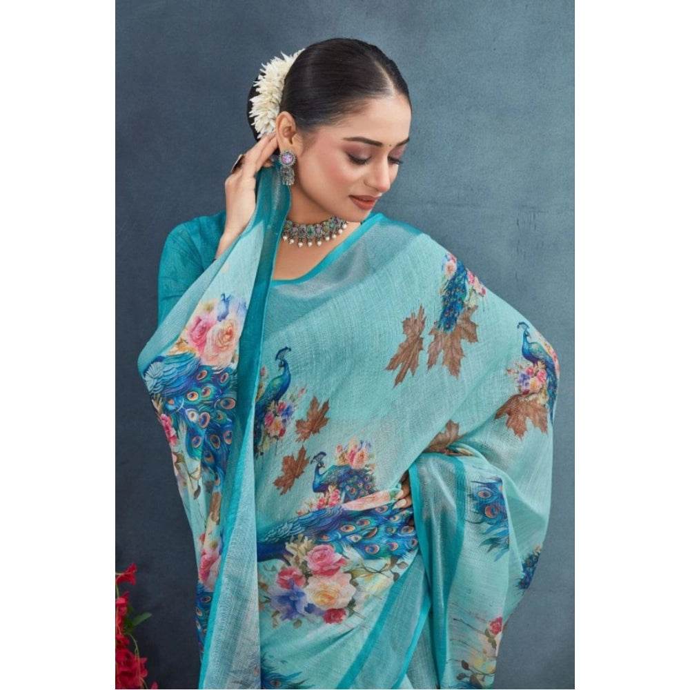 Generic Women's Linen Floral Printed Saree With Unstitched Blouse 5.5Mtr (Aqua) - MYLUXURY LANE ENTERPRISE