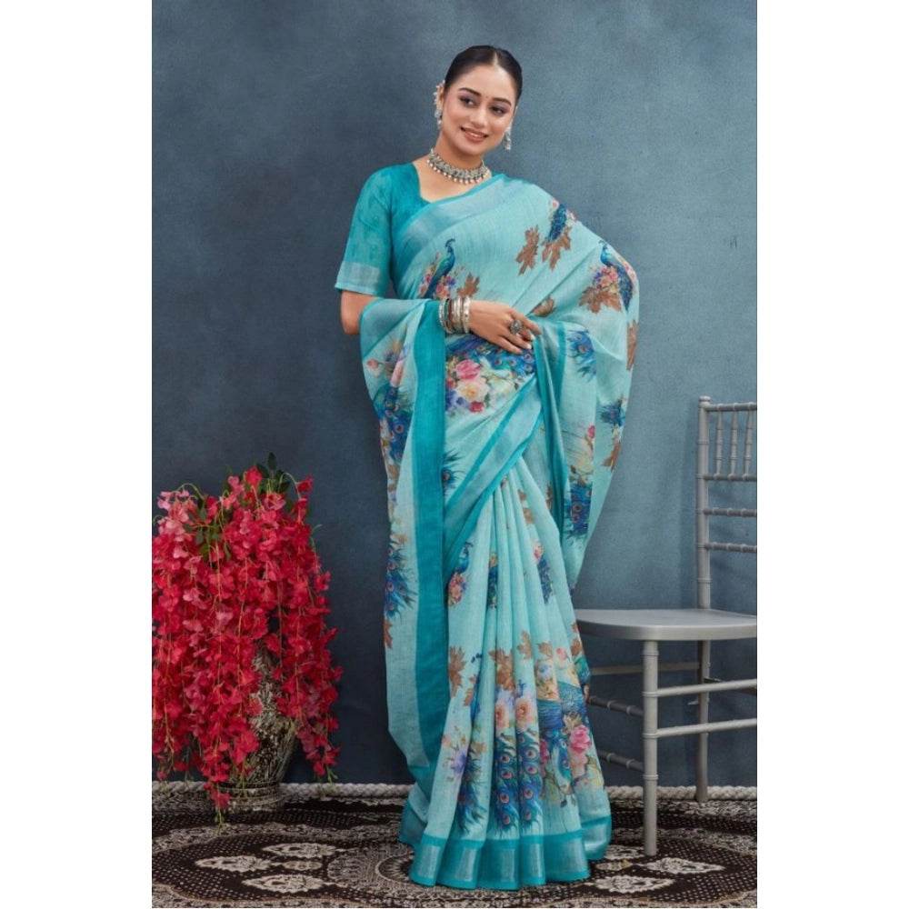 Generic Women's Linen Floral Printed Saree With Unstitched Blouse 5.5Mtr (Aqua) - MYLUXURY LANE ENTERPRISE
