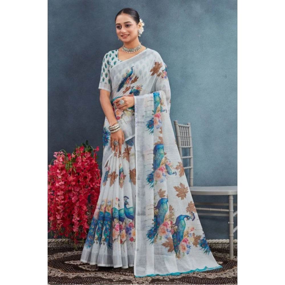 Generic Women's Linen Floral Printed Saree With Unstitched Blouse 5.5Mtr (Off-White) - MYLUXURY LANE ENTERPRISE