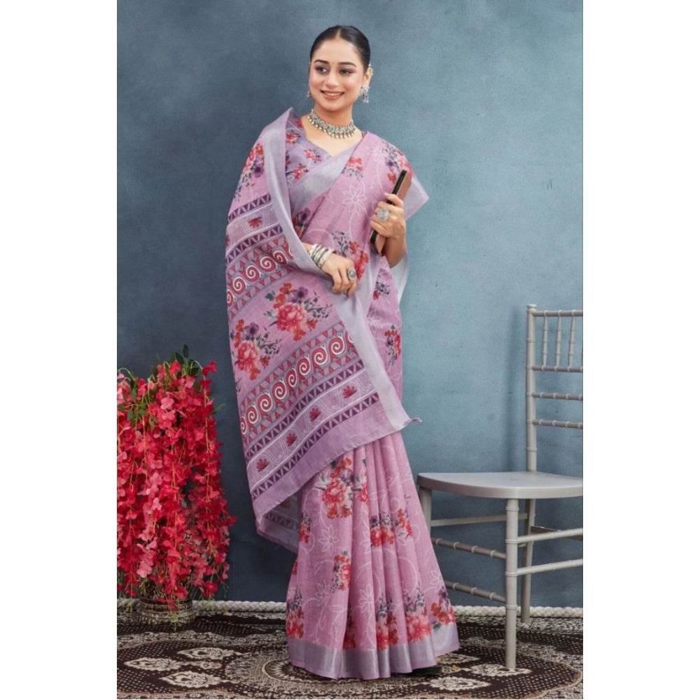 Generic Women's Linen Floral Printed Saree With Unstitched Blouse 5.5Mtr (Purple) - MYLUXURY LANE ENTERPRISE