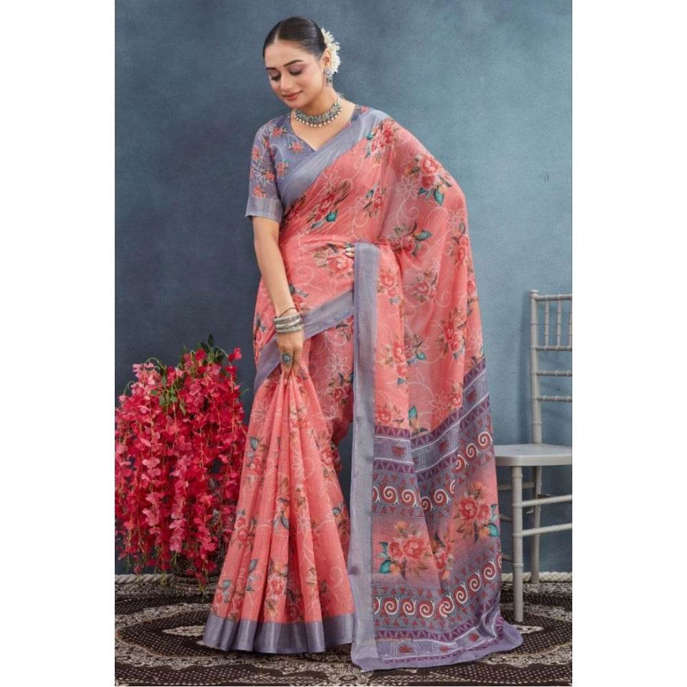 Generic Women's Linen Floral Printed Saree With Unstitched Blouse 5.5Mtr (Peach) - MYLUXURY LANE ENTERPRISE
