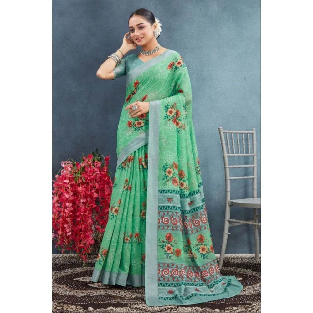 Generic Women's Linen Floral Printed Saree With Unstitched Blouse 5.5Mtr (Green) - MYLUXURY LANE ENTERPRISE