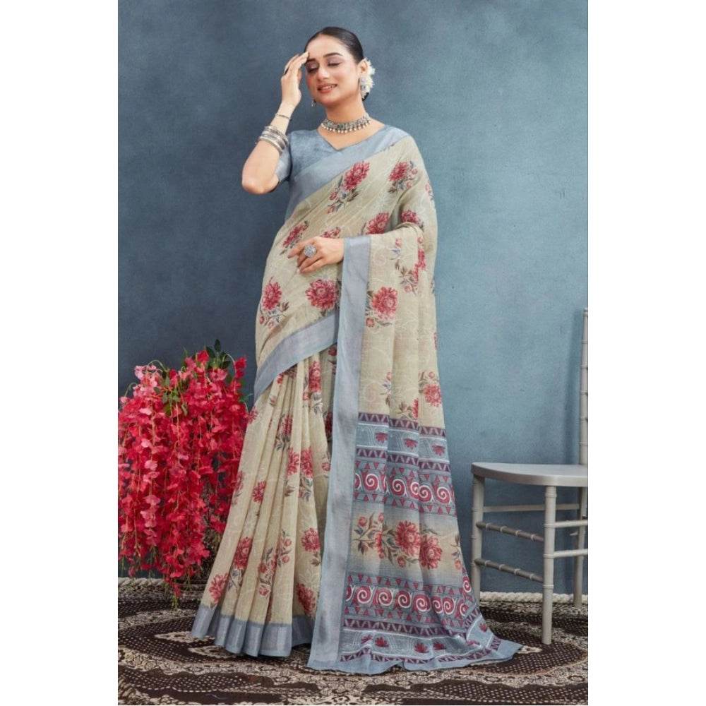 Generic Women's Linen Floral Printed Saree With Unstitched Blouse 5.5Mtr (Beige) - MYLUXURY LANE ENTERPRISE