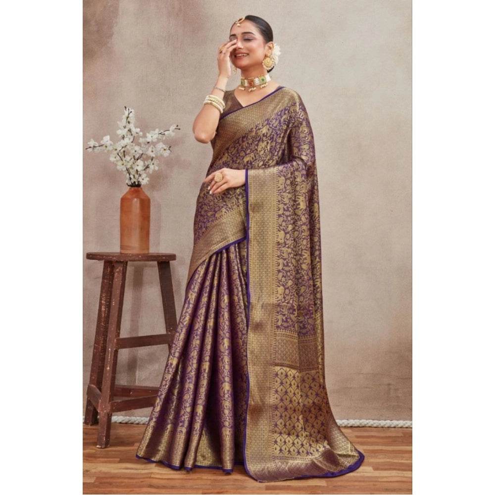 Generic Women's Silk Blend Floral Printed Saree With Unstitched Blouse 5.5Mtr (Navy Blue) - MYLUXURY LANE ENTERPRISE