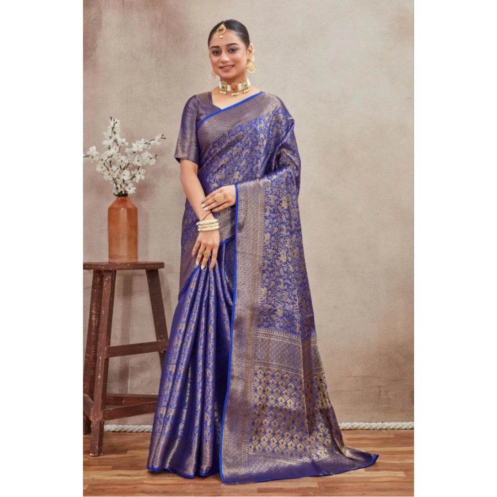 Generic Women's Silk Blend Floral Printed Saree With Unstitched Blouse 5.5Mtr (Royal Blue) - MYLUXURY LANE ENTERPRISE