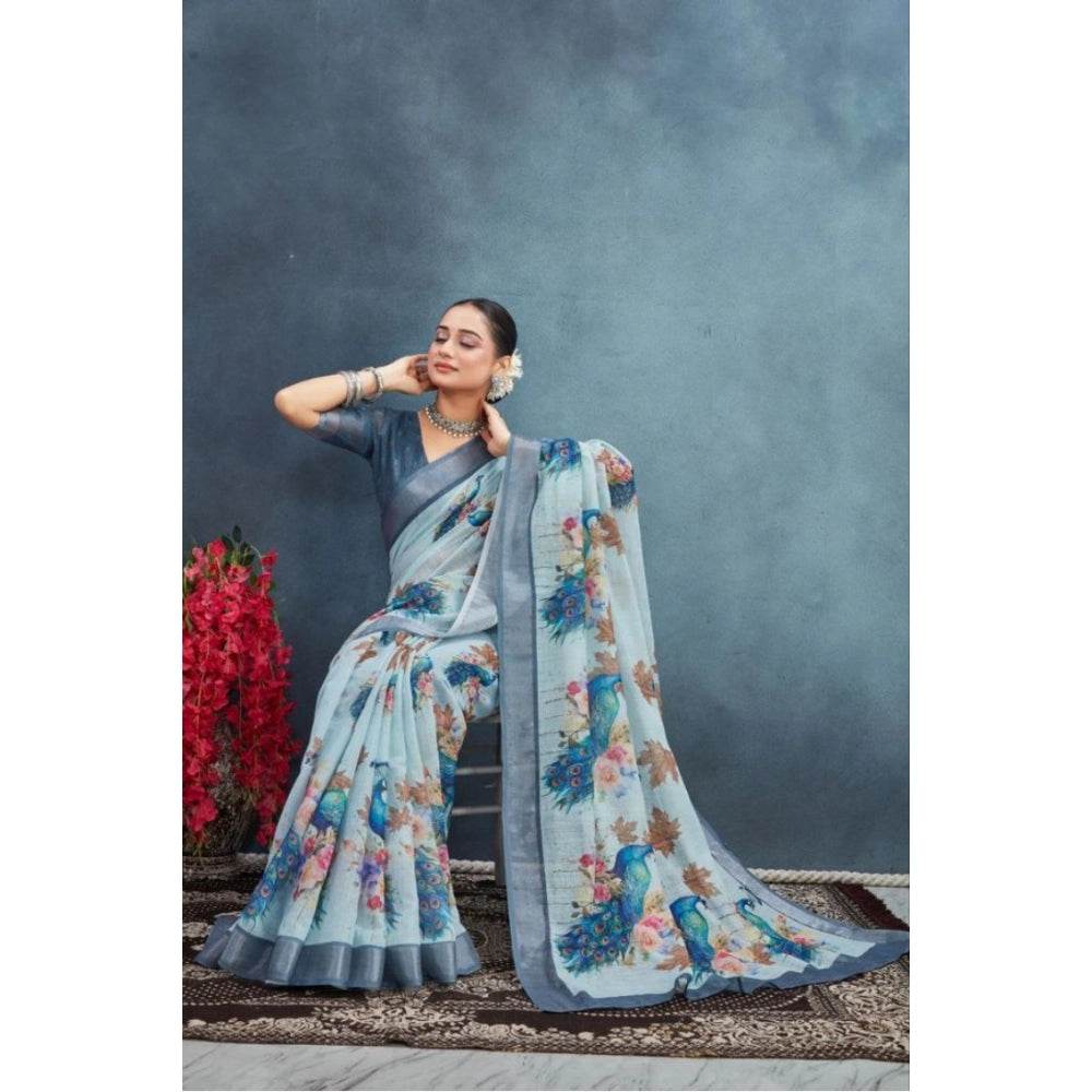 Generic Women's Linen Floral Printed Saree With Unstitched Blouse 5.5Mtr (Grey) - MYLUXURY LANE ENTERPRISE