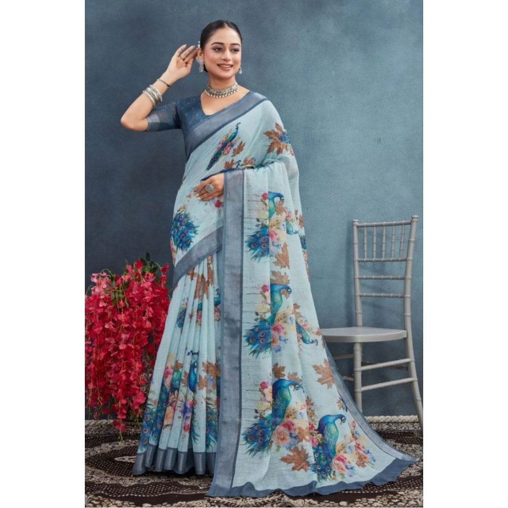 Generic Women's Linen Floral Printed Saree With Unstitched Blouse 5.5Mtr (Grey) - MYLUXURY LANE ENTERPRISE