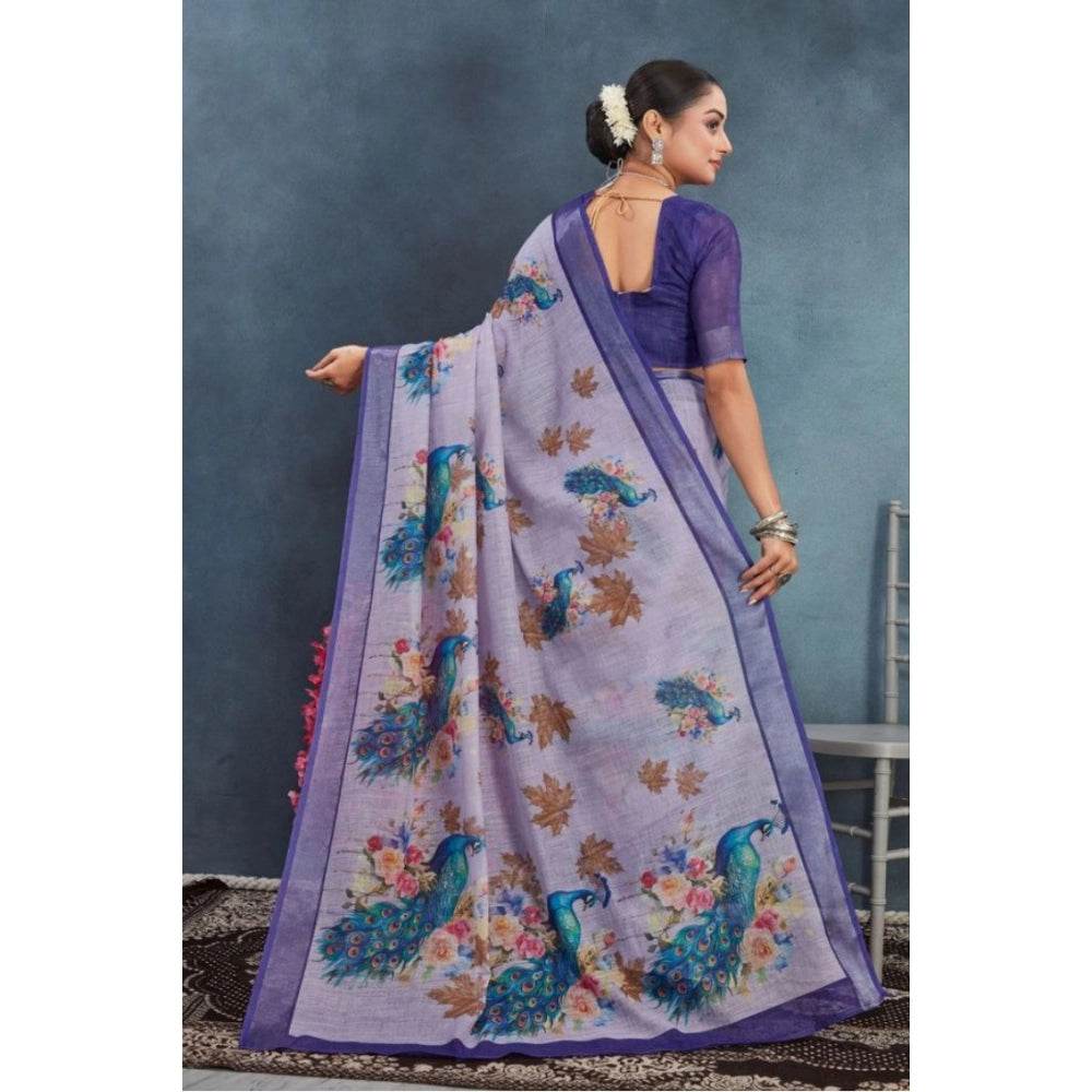Generic Women's Linen Floral Printed Saree With Unstitched Blouse 5.5Mtr (Purple) - MYLUXURY LANE ENTERPRISE