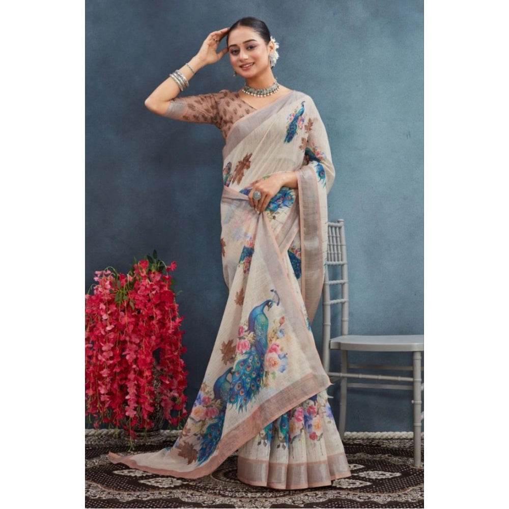 Generic Women's Linen Floral Printed Saree With Unstitched Blouse 5.5Mtr (Beige) - MYLUXURY LANE ENTERPRISE