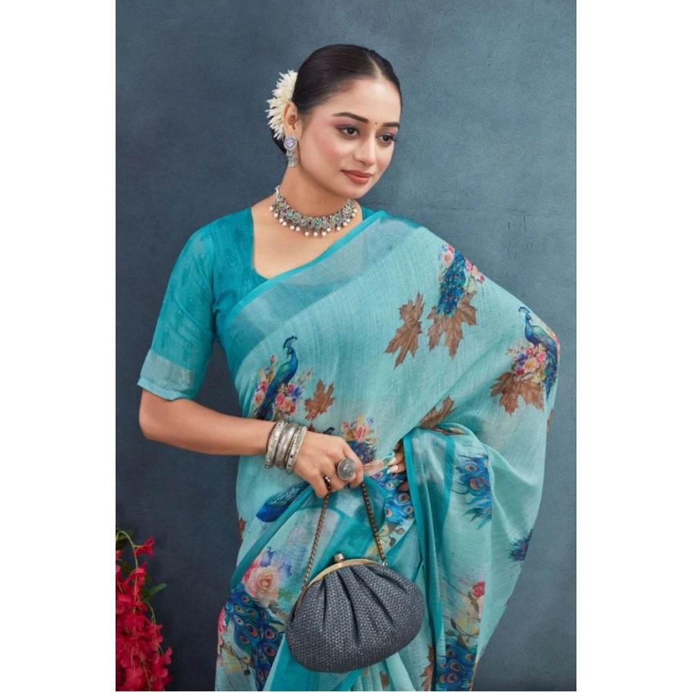 Generic Women's Linen Floral Printed Saree With Unstitched Blouse 5.5Mtr (Aqua) - MYLUXURY LANE ENTERPRISE