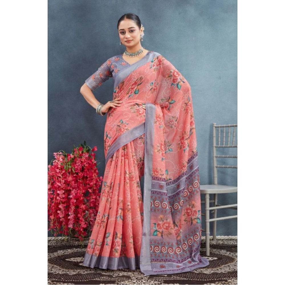 Generic Women's Linen Floral Printed Saree With Unstitched Blouse 5.5Mtr (Peach) - MYLUXURY LANE ENTERPRISE