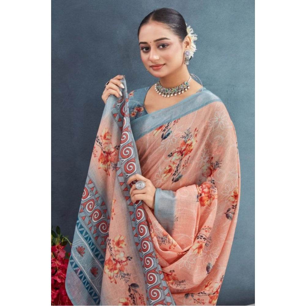 Generic Women's Linen Floral Printed Saree With Unstitched Blouse 5.5Mtr (Orange) - MYLUXURY LANE ENTERPRISE