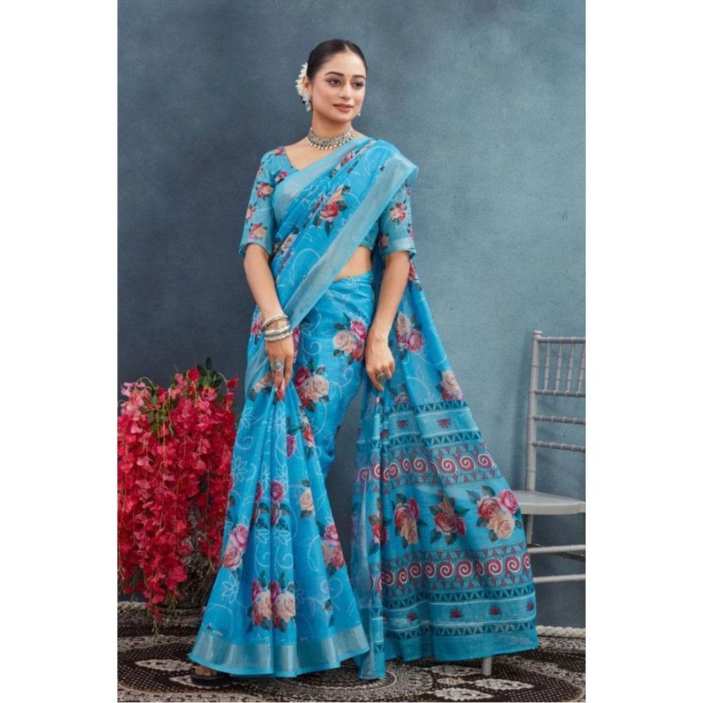 Generic Women's Linen Floral Printed Saree With Unstitched Blouse 5.5Mtr (Blue) - MYLUXURY LANE ENTERPRISE