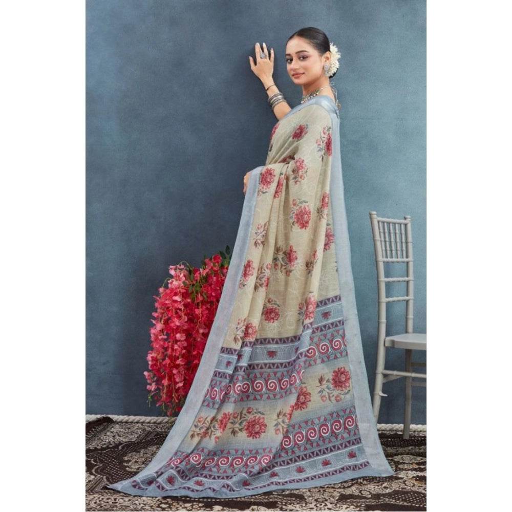 Generic Women's Linen Floral Printed Saree With Unstitched Blouse 5.5Mtr (Beige) - MYLUXURY LANE ENTERPRISE