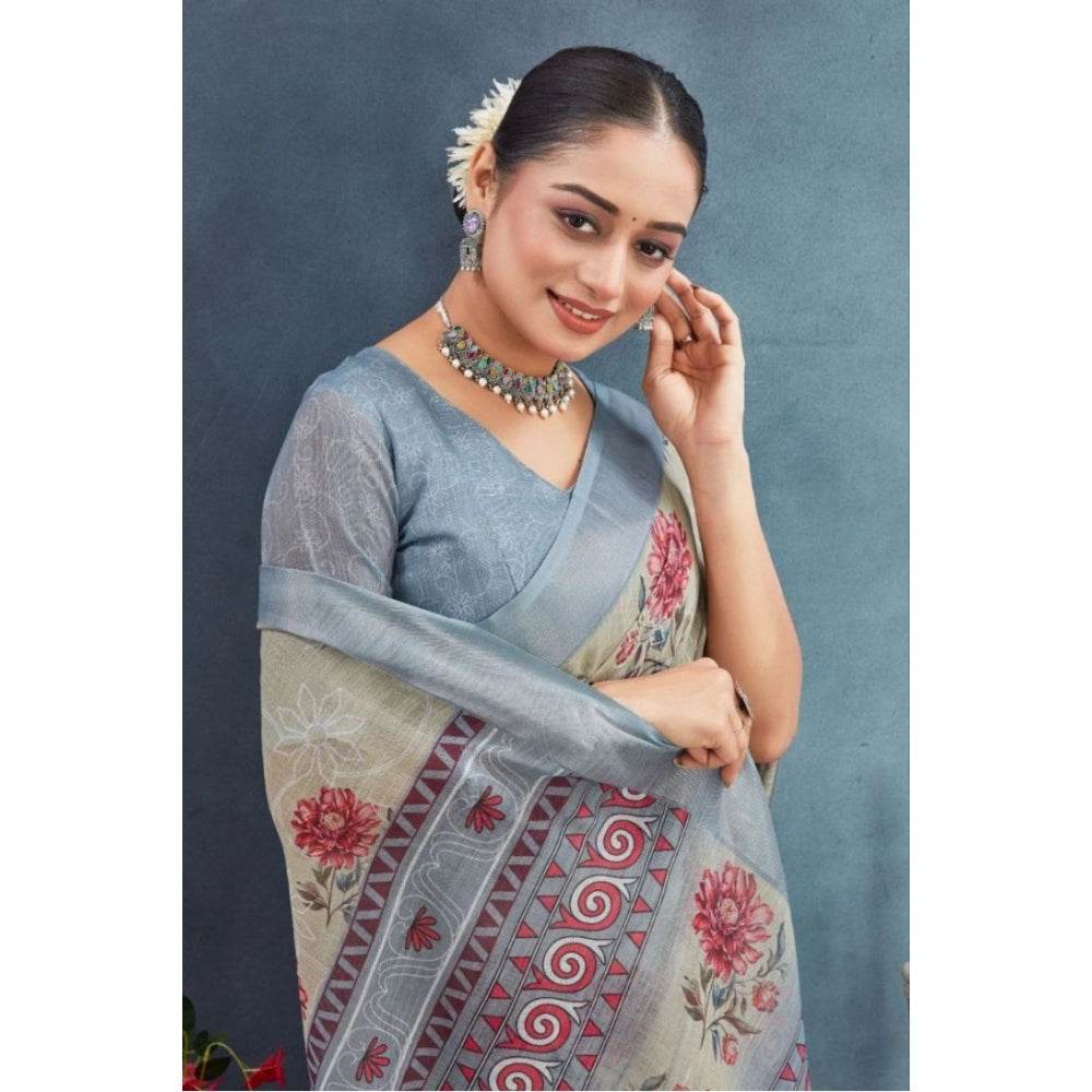 Generic Women's Linen Floral Printed Saree With Unstitched Blouse 5.5Mtr (Beige) - MYLUXURY LANE ENTERPRISE