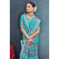 Generic Women's Linen Floral Printed Saree With Unstitched Blouse 5.5Mtr (Aqua) - MYLUXURY LANE ENTERPRISE