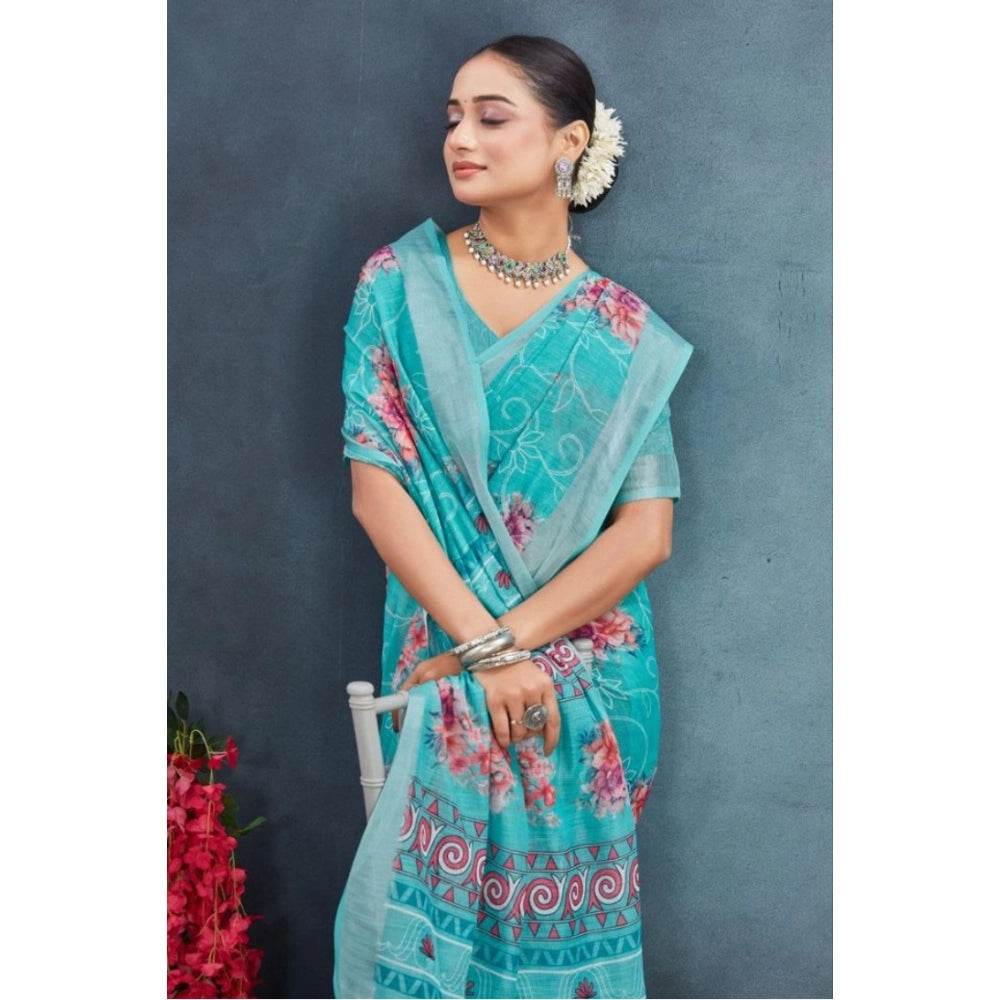 Generic Women's Linen Floral Printed Saree With Unstitched Blouse 5.5Mtr (Aqua) - MYLUXURY LANE ENTERPRISE