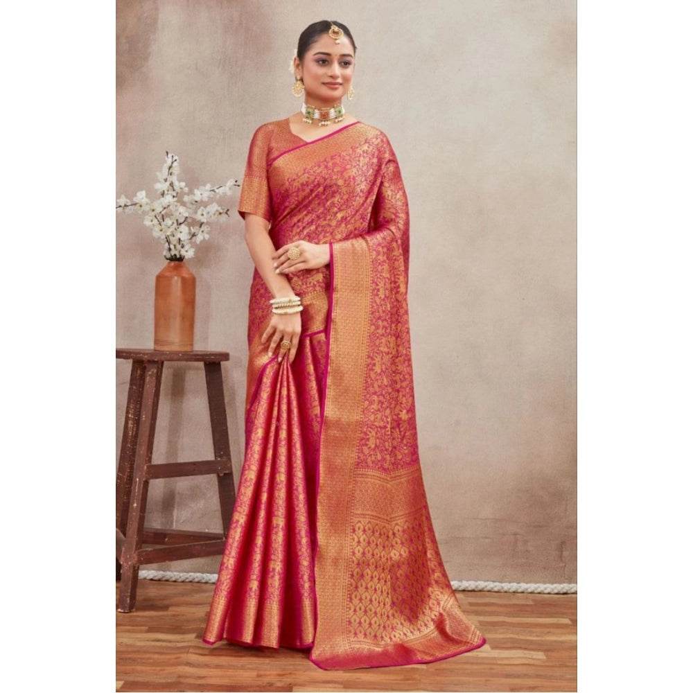 Generic Women's Silk Blend Floral Printed Saree With Unstitched Blouse 5.5Mtr (Pink) - MYLUXURY LANE ENTERPRISE