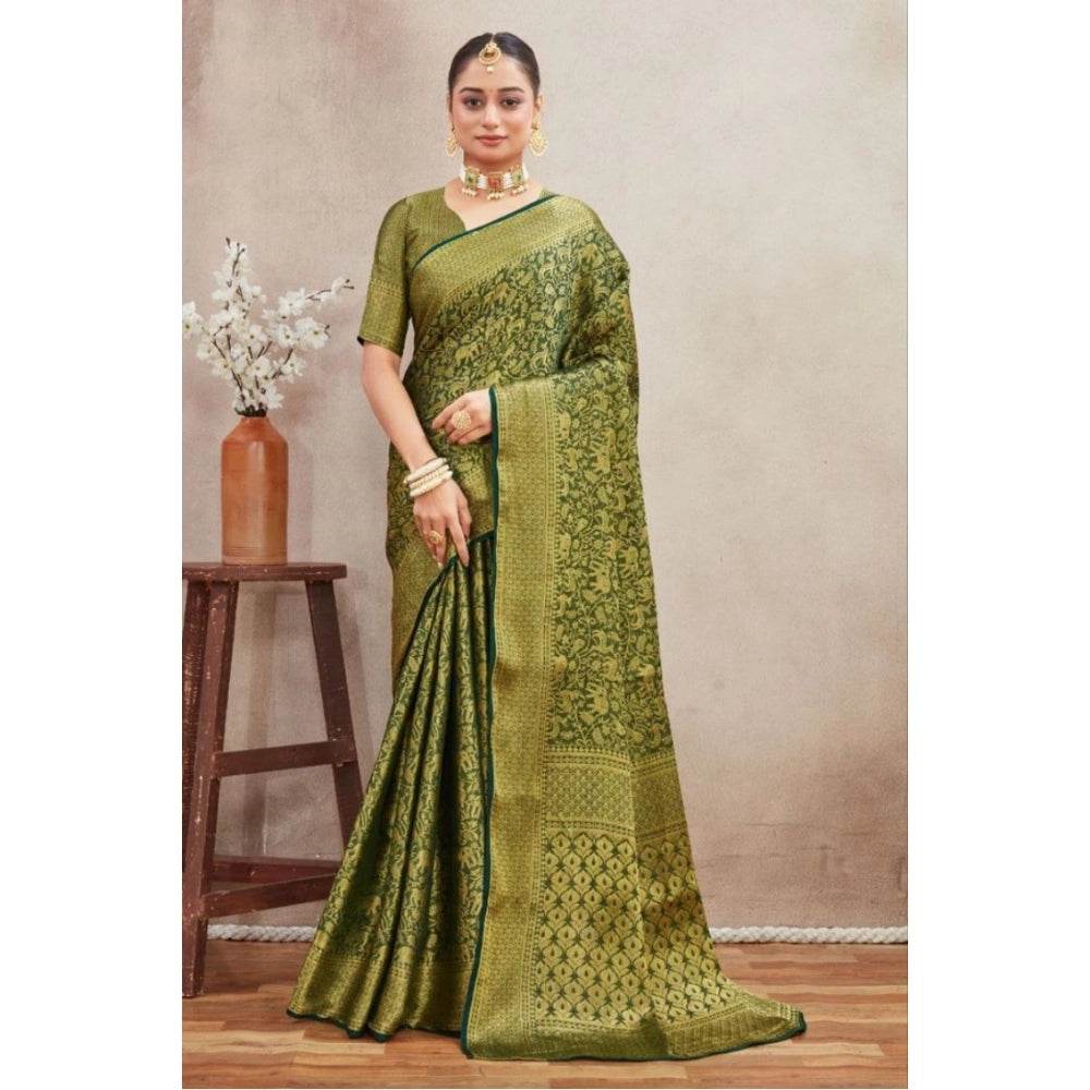 Generic Women's Silk Blend Floral Printed Saree With Unstitched Blouse 5.5Mtr (Green) - MYLUXURY LANE ENTERPRISE