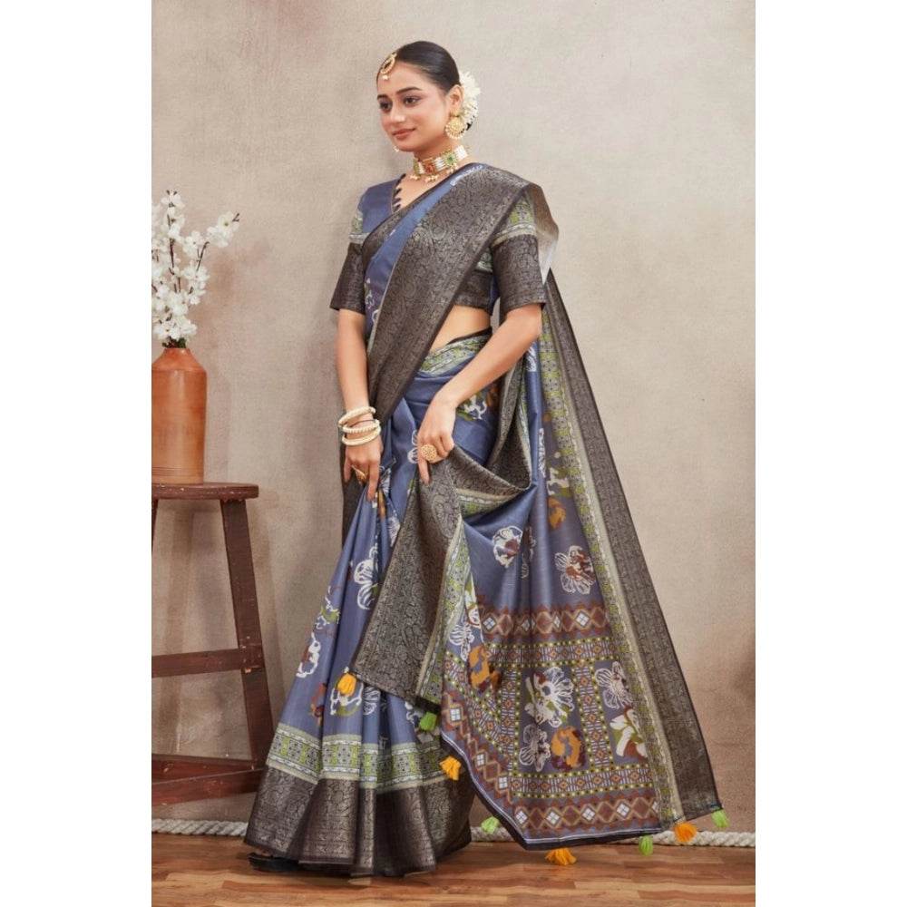 Generic Women's Crepe Silk Printed Saree With Unstitched Blouse 5.5Mtr (Grey) - MYLUXURY LANE ENTERPRISE