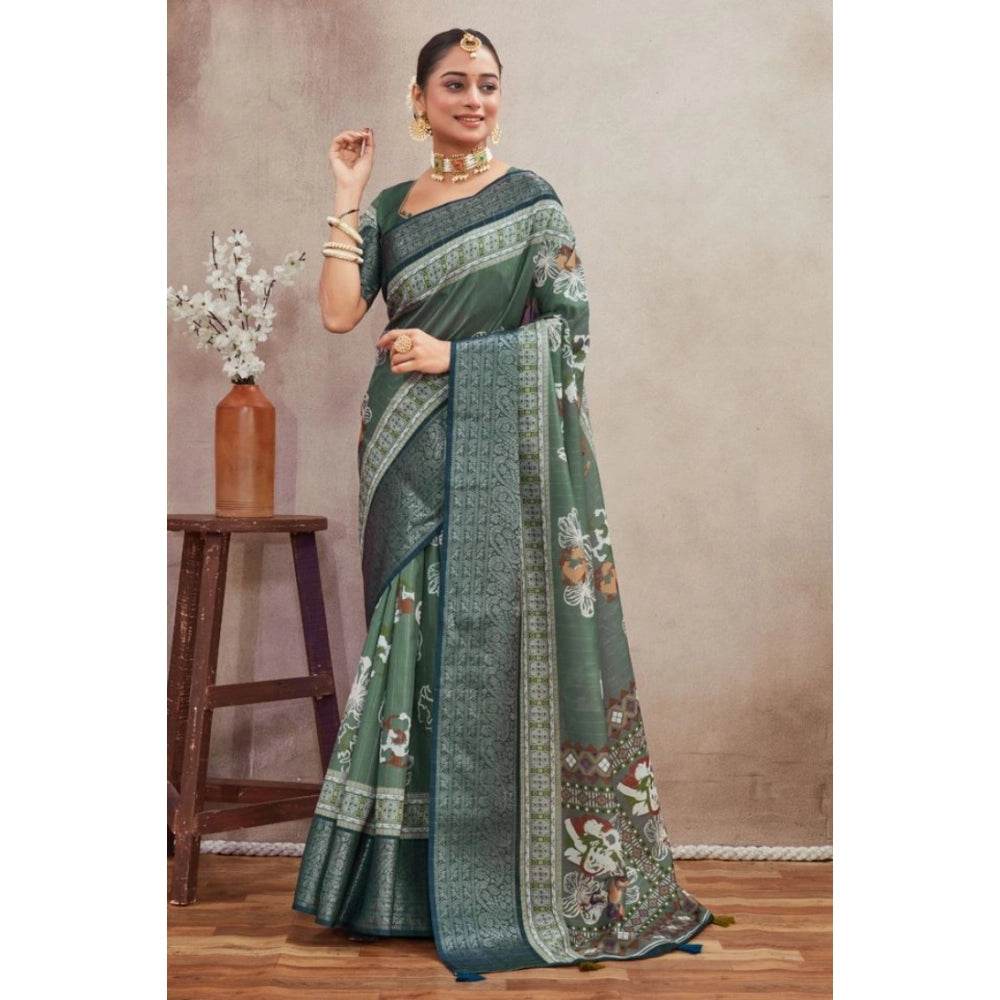 Generic Women's Crepe Silk Printed Saree With Unstitched Blouse 5.5Mtr (Green) - MYLUXURY LANE ENTERPRISE