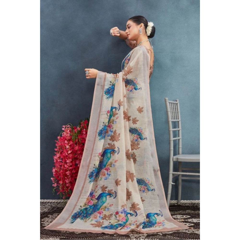 Generic Women's Linen Floral Printed Saree With Unstitched Blouse 5.5Mtr (Beige) - MYLUXURY LANE ENTERPRISE
