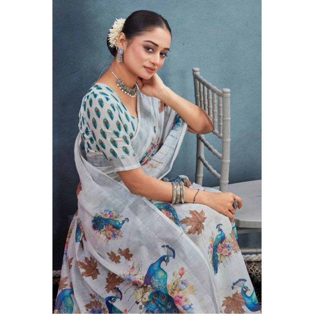 Generic Women's Linen Floral Printed Saree With Unstitched Blouse 5.5Mtr (Off-White) - MYLUXURY LANE ENTERPRISE