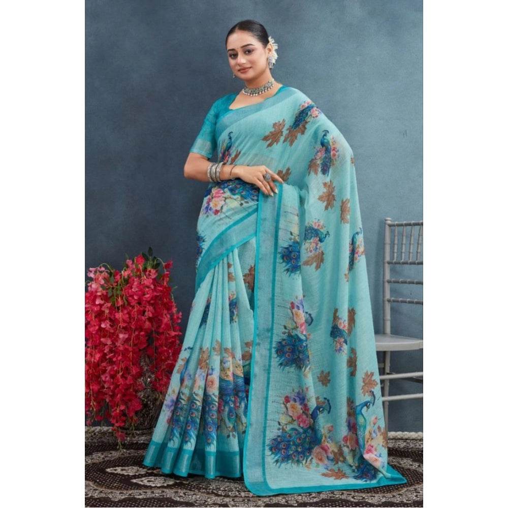 Generic Women's Linen Floral Printed Saree With Unstitched Blouse 5.5Mtr (Aqua) - MYLUXURY LANE ENTERPRISE