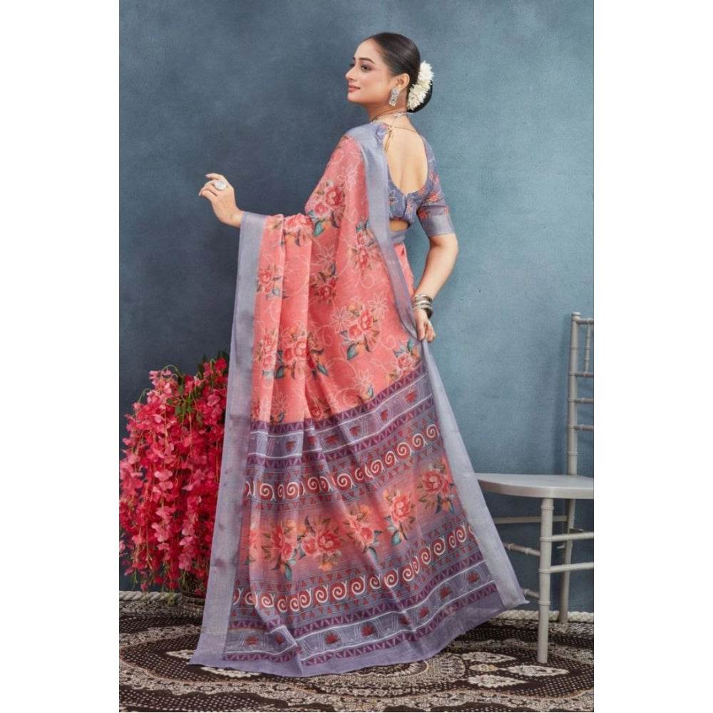 Generic Women's Linen Floral Printed Saree With Unstitched Blouse 5.5Mtr (Peach) - MYLUXURY LANE ENTERPRISE