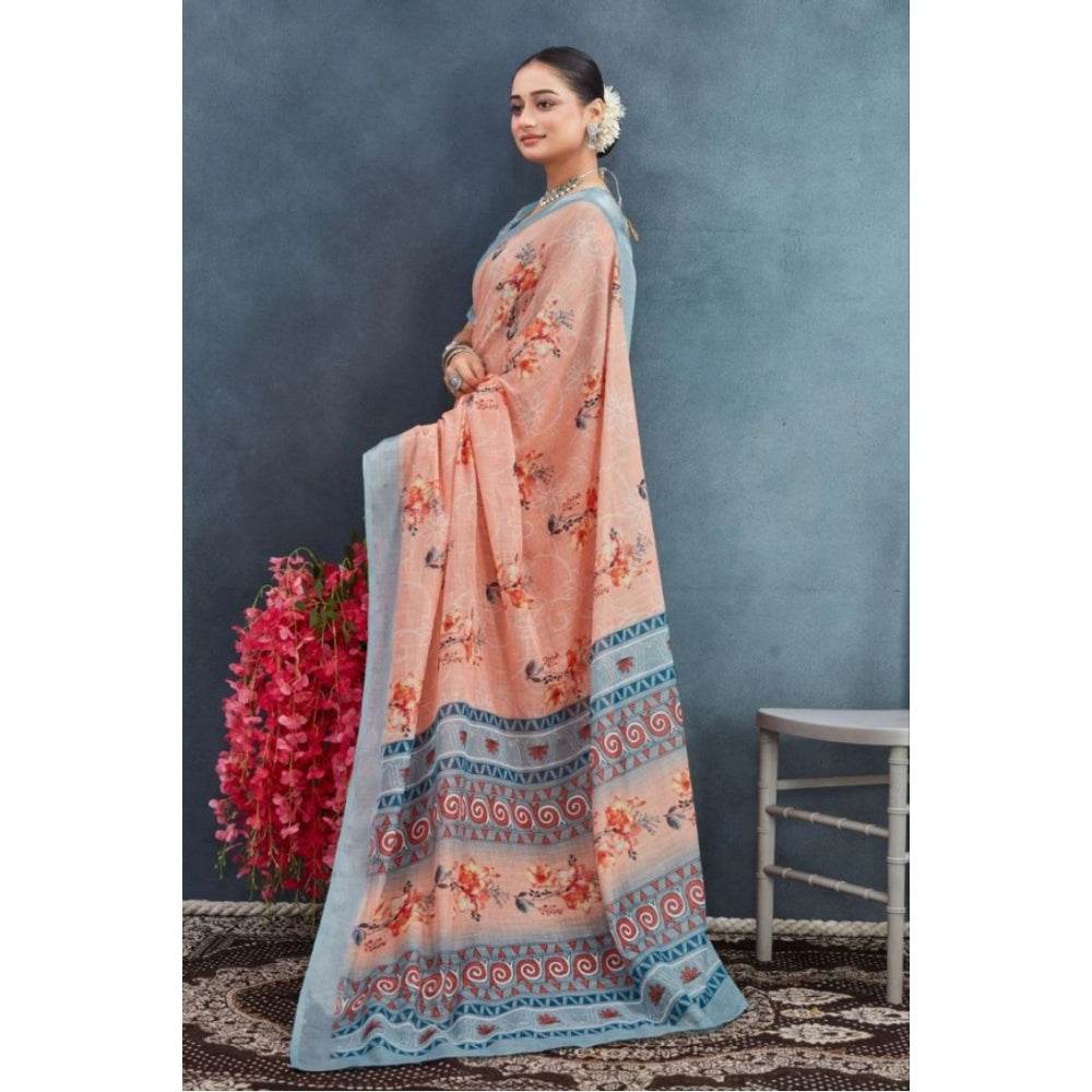 Generic Women's Linen Floral Printed Saree With Unstitched Blouse 5.5Mtr (Orange) - MYLUXURY LANE ENTERPRISE