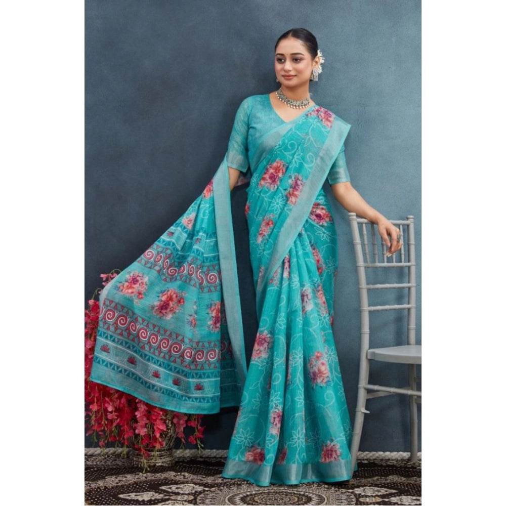 Generic Women's Linen Floral Printed Saree With Unstitched Blouse 5.5Mtr (Aqua) - MYLUXURY LANE ENTERPRISE