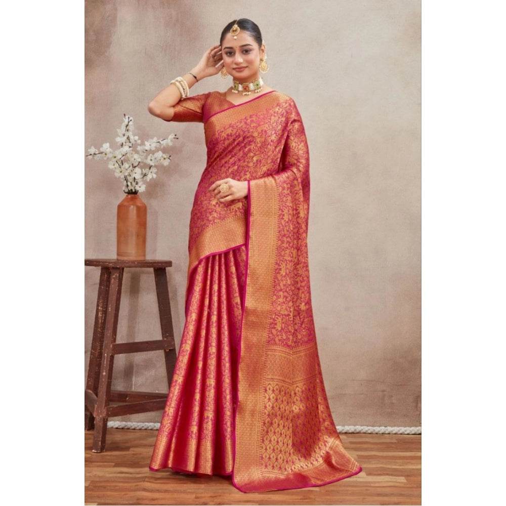 Generic Women's Silk Blend Floral Printed Saree With Unstitched Blouse 5.5Mtr (Pink) - MYLUXURY LANE ENTERPRISE