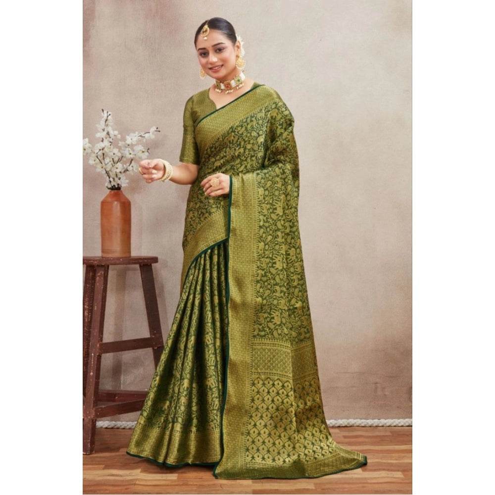 Generic Women's Silk Blend Floral Printed Saree With Unstitched Blouse 5.5Mtr (Green) - MYLUXURY LANE ENTERPRISE