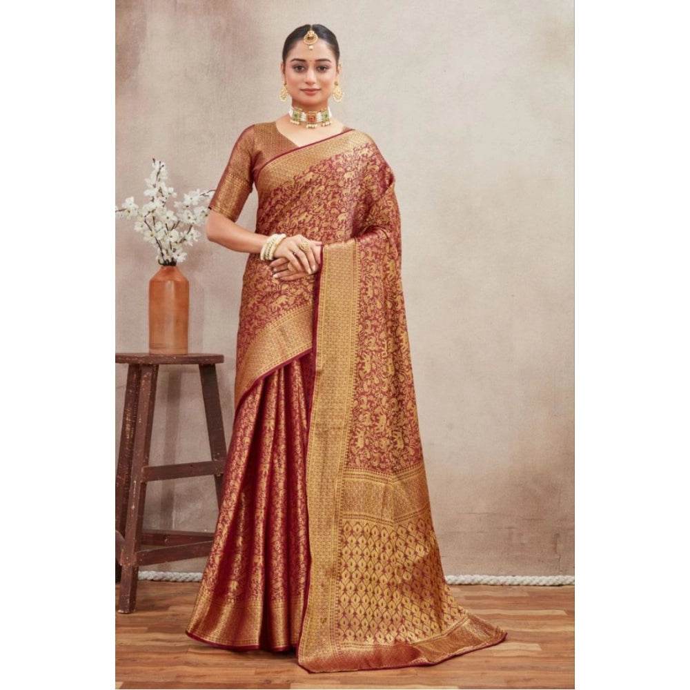 Generic Women's Silk Blend Floral Printed Saree With Unstitched Blouse 5.5Mtr (Brown) - MYLUXURY LANE ENTERPRISE