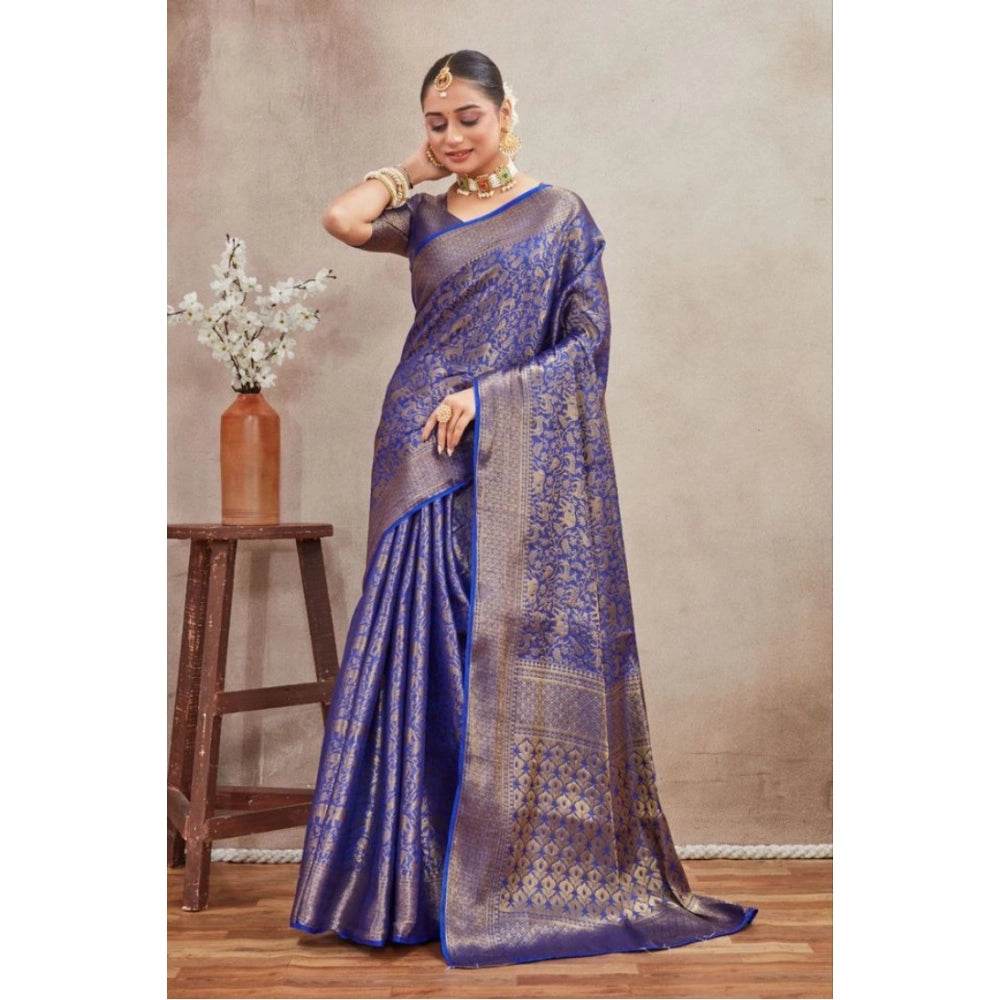 Generic Women's Silk Blend Floral Printed Saree With Unstitched Blouse 5.5Mtr (Royal Blue) - MYLUXURY LANE ENTERPRISE