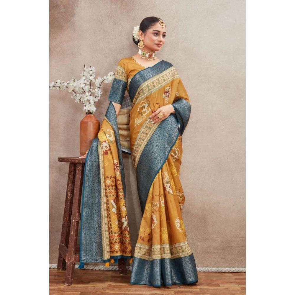 Generic Women's Crepe Silk Printed Saree With Unstitched Blouse 5.5Mtr (Mustard) - MYLUXURY LANE ENTERPRISE
