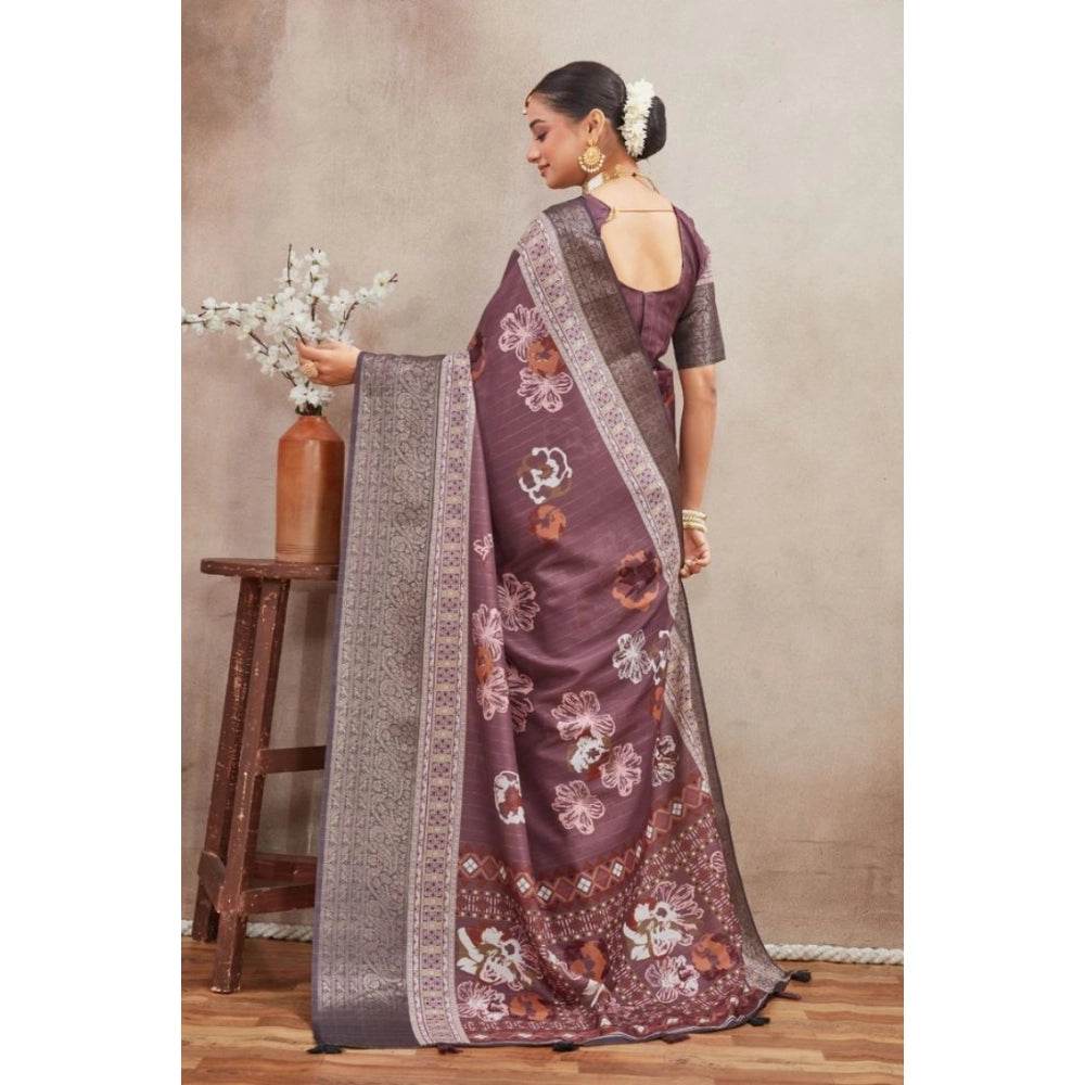 Generic Women's Crepe Silk Printed Saree With Unstitched Blouse 5.5Mtr (purple) - MYLUXURY LANE ENTERPRISE