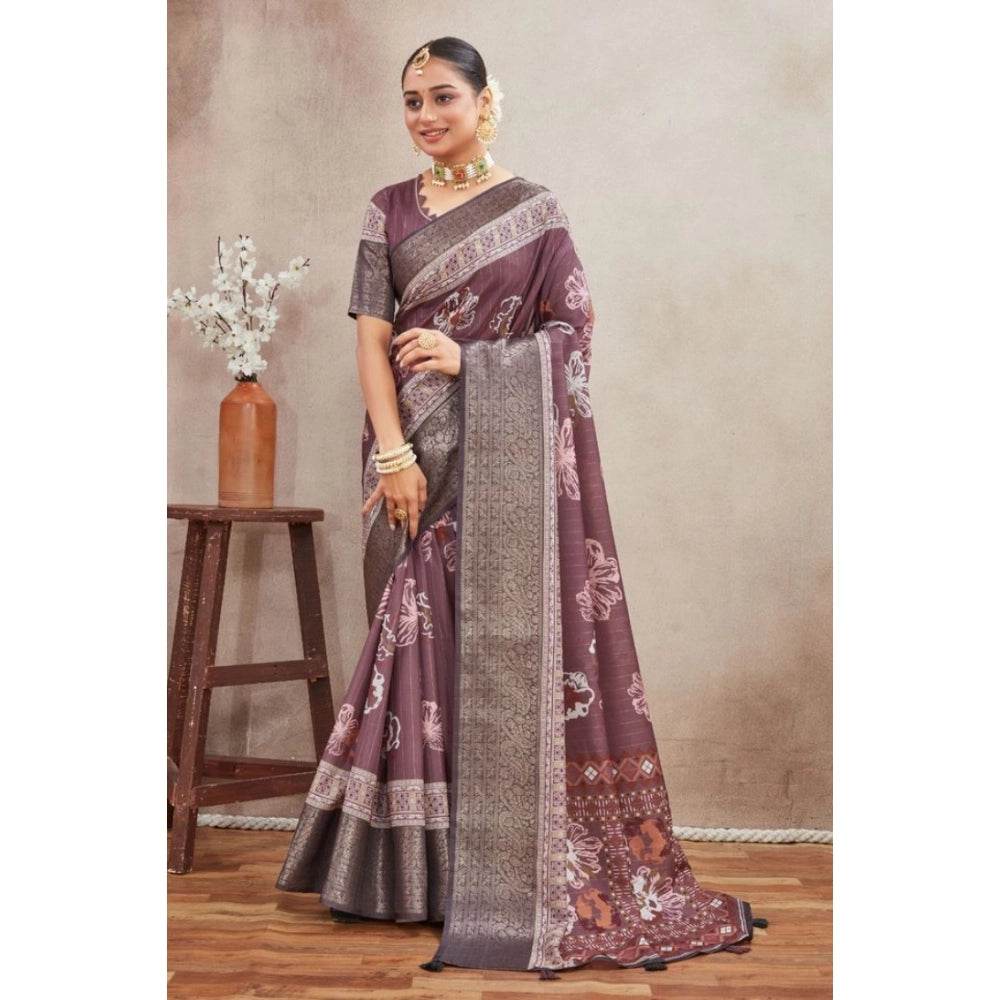 Generic Women's Crepe Silk Printed Saree With Unstitched Blouse 5.5Mtr (purple) - MYLUXURY LANE ENTERPRISE