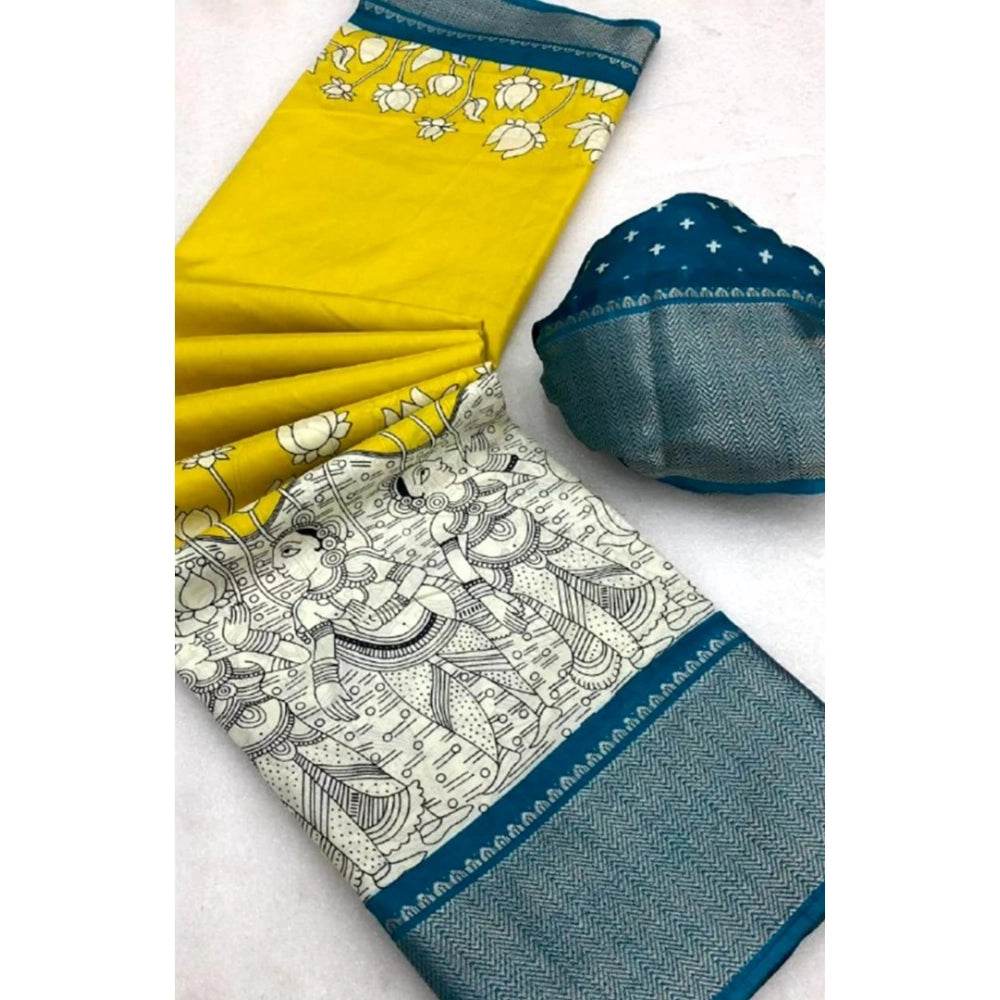 Generic Women's Dola Silk Printed Saree With Unstitched Blouse 5.5Mtr (Yellow ) - MYLUXURY LANE ENTERPRISE