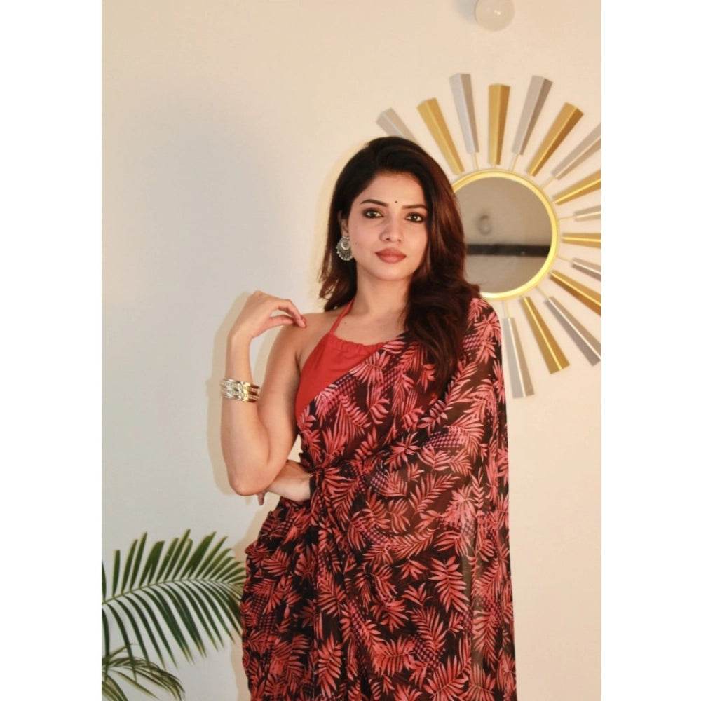 Generic Women's Georgette Printed Saree With Unstitched Blouse 5.5Mtr (Red) - MYLUXURY LANE ENTERPRISE