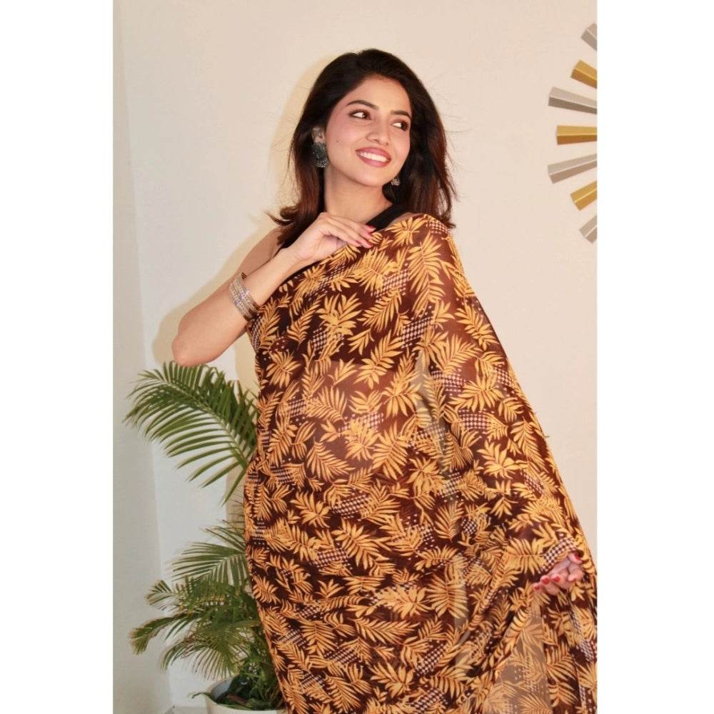 Generic Women's Georgette Printed Saree With Unstitched Blouse 5.5Mtr (Yellow ) - MYLUXURY LANE ENTERPRISE